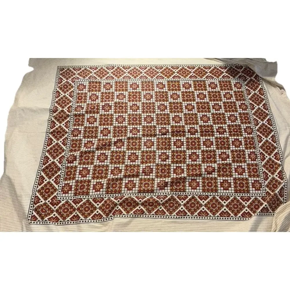 Vintage Turkish Kilim Style Printed Cotton Textile 92x82 Bedding Tablecloth